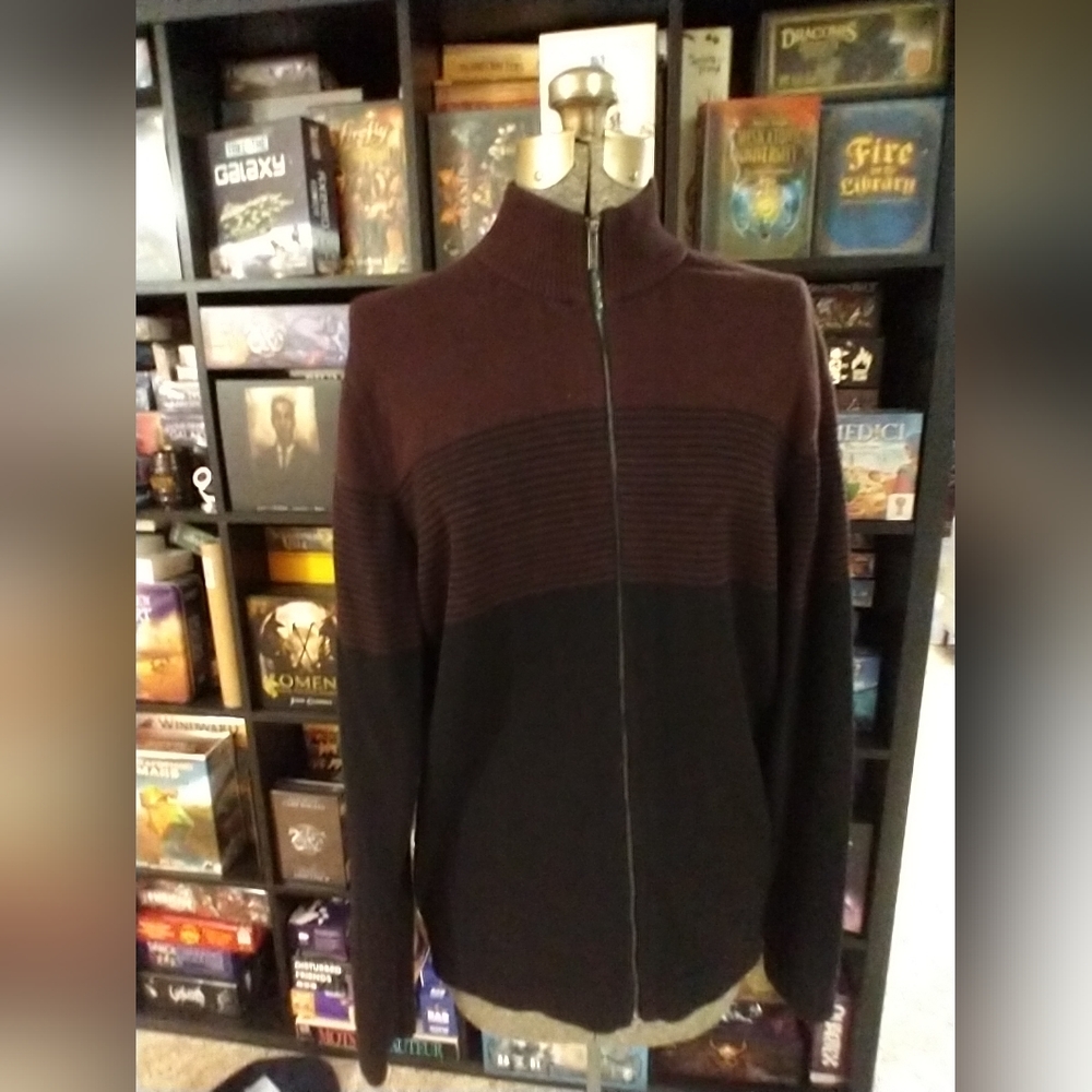 Size L mens burgundy black zip up cardigan - Picture 2 of 13